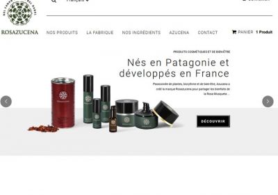 Refonte du design de la boutique en ligne Rosazucena, boutique d'Azucena Pagny. Vente de produits de bien-être et cosmétiques naturels et bio réalisés à base de la fleur de Rose Musquée de Patagonie.